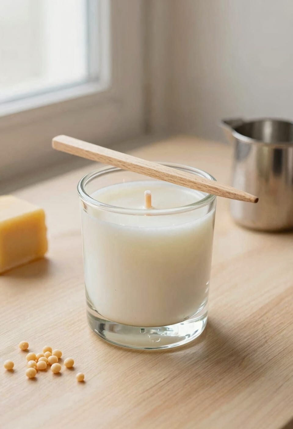 secure wick upright before pouring